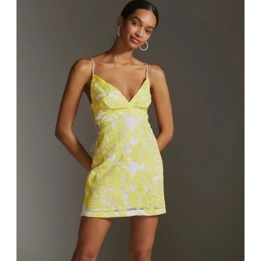 Maeve Anthropologie Yellow‎ Lace Strappy Mini Dress Sz 8P Coquette Babydoll